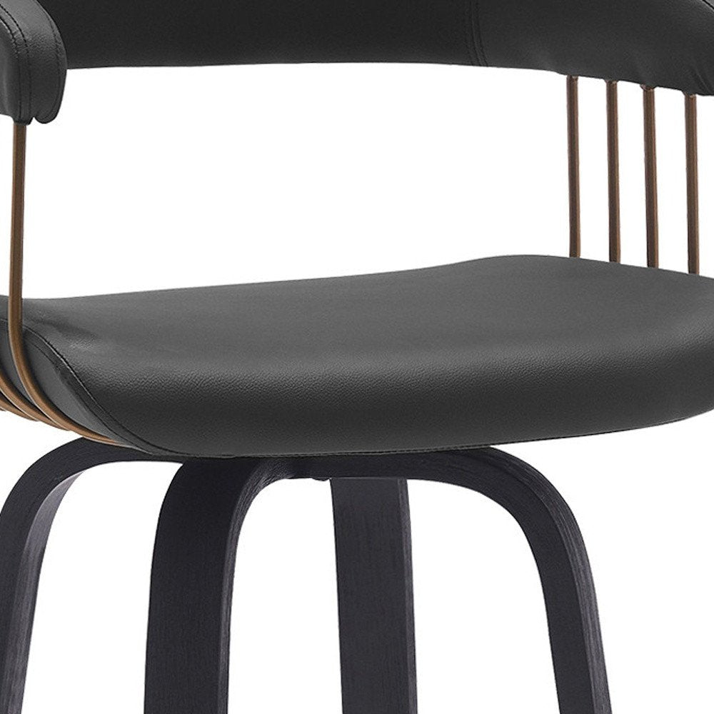 26" Black Faux Leather And Fabric And Wood Counter Height Swivel Bar Chair HomeRoots