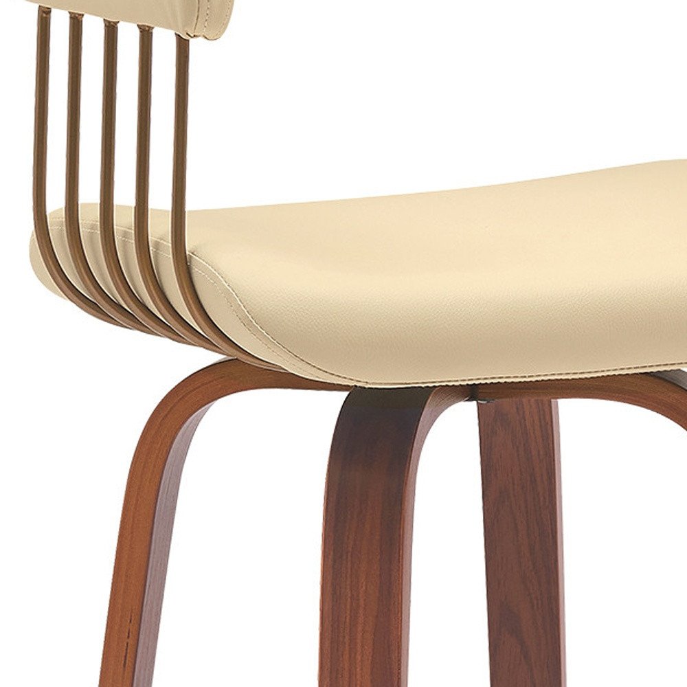 31" Cream And Brown Faux Leather And Fabric And Wood Bar Height Swivel Bar Chair HomeRoots