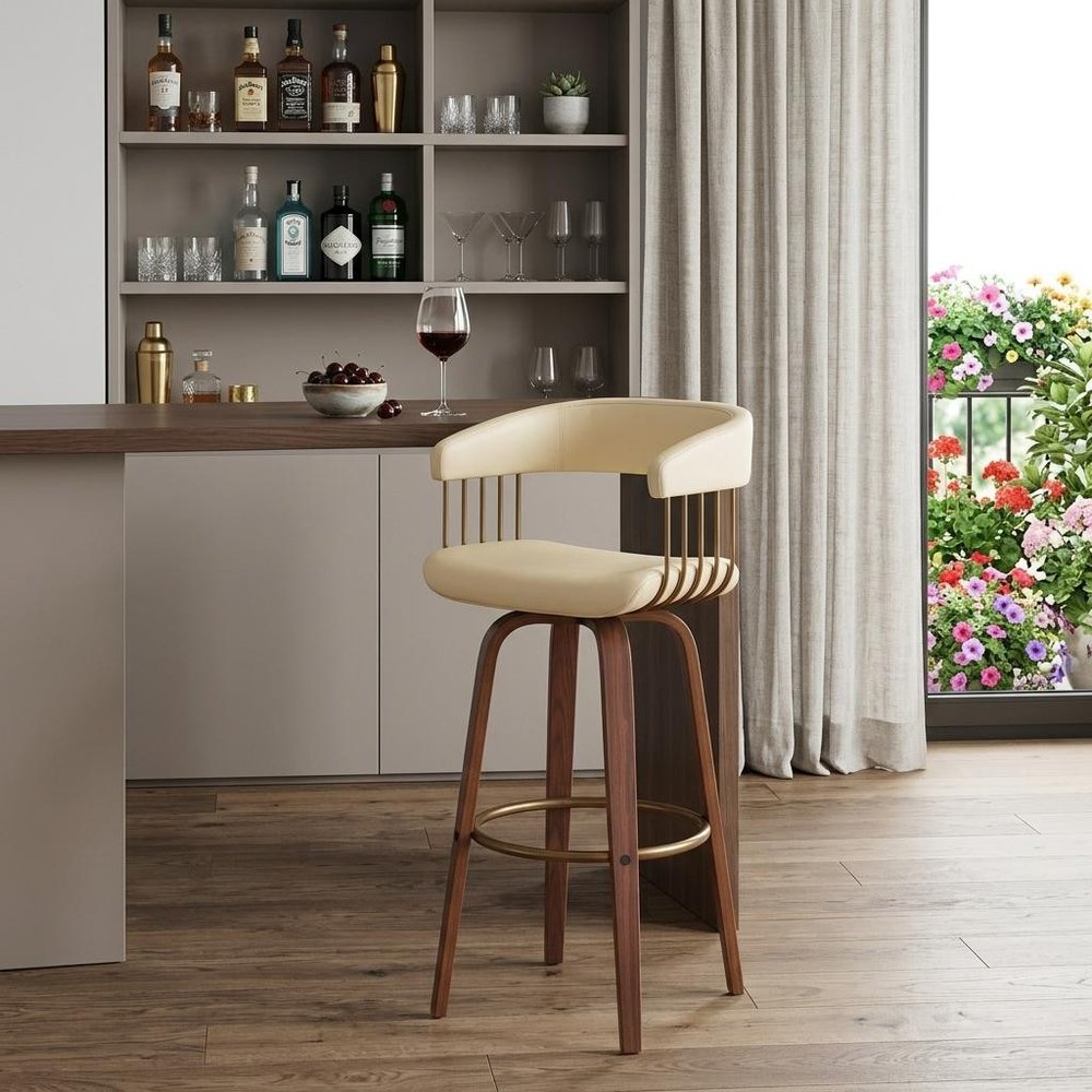 31" Cream And Brown Faux Leather And Fabric And Wood Bar Height Swivel Bar Chair HomeRoots