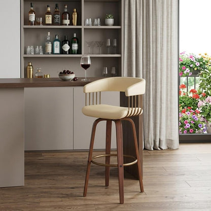 31" Cream And Brown Faux Leather And Fabric And Wood Bar Height Swivel Bar Chair HomeRoots