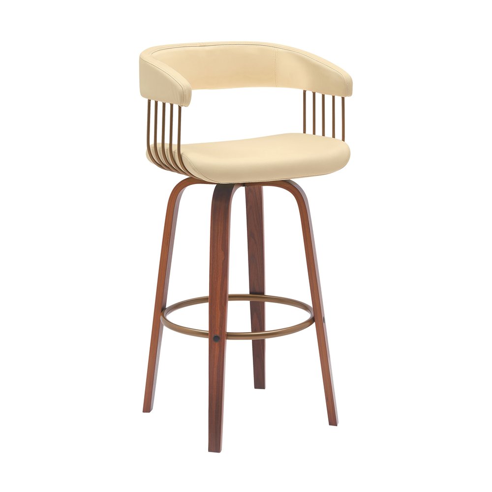 31" Cream And Brown Faux Leather And Fabric And Wood Bar Height Swivel Bar Chair HomeRoots