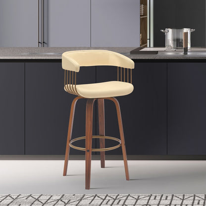31" Cream And Brown Faux Leather And Fabric And Wood Bar Height Swivel Bar Chair HomeRoots