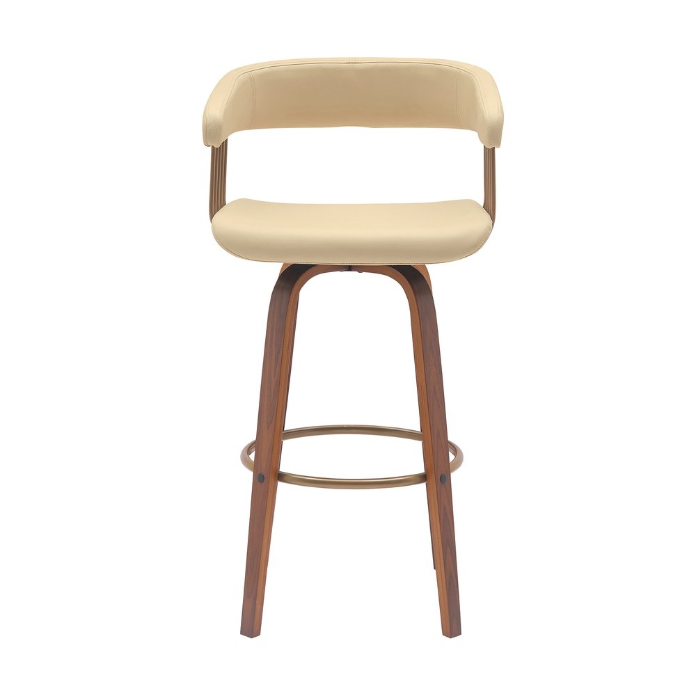 31" Cream And Brown Faux Leather And Fabric And Wood Bar Height Swivel Bar Chair HomeRoots