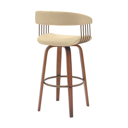 31" Cream And Brown Faux Leather And Fabric And Wood Bar Height Swivel Bar Chair HomeRoots