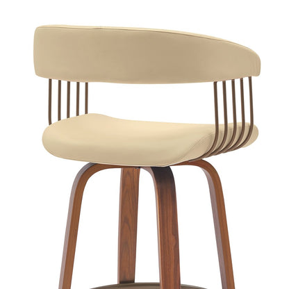 31" Cream And Brown Faux Leather And Fabric And Wood Bar Height Swivel Bar Chair HomeRoots