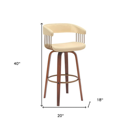 31" Cream And Brown Faux Leather And Fabric And Wood Bar Height Swivel Bar Chair HomeRoots