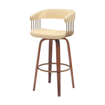 31" Cream And Brown Faux Leather And Fabric And Wood Bar Height Swivel Bar Chair HomeRoots