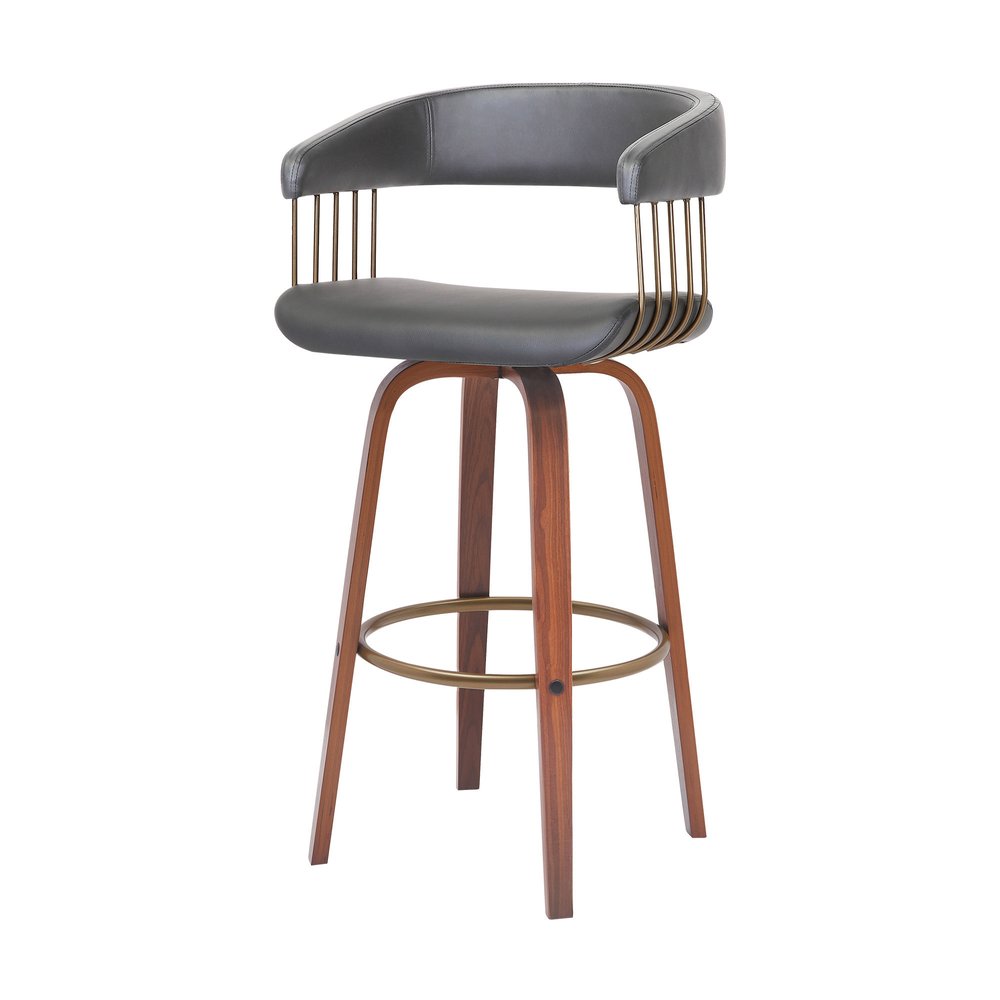 31" Gray And Brown Faux Leather And Fabric And Wood Bar Height Swivel Bar Chair HomeRoots