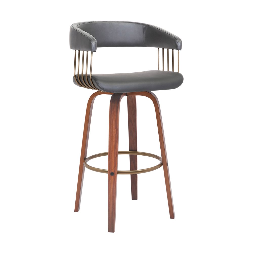 31" Gray And Brown Faux Leather And Fabric And Wood Bar Height Swivel Bar Chair HomeRoots
