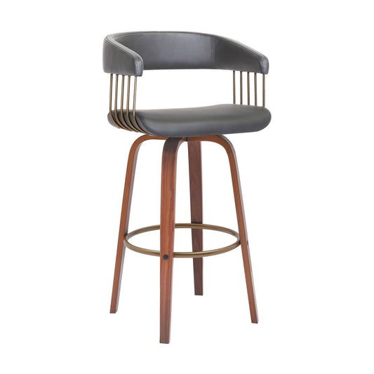 31" Gray And Brown Faux Leather And Fabric And Wood Bar Height Swivel Bar Chair HomeRoots