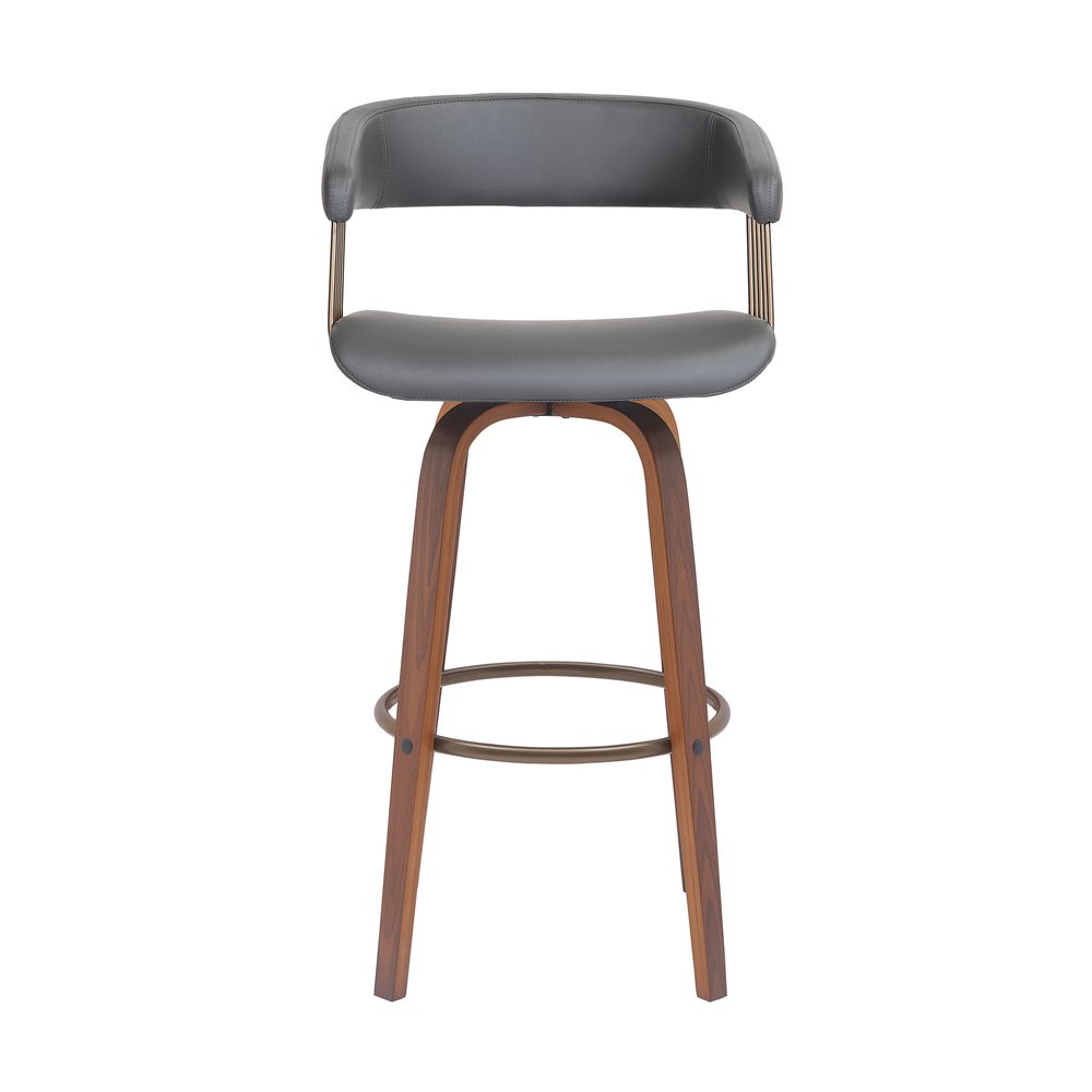 31" Gray And Brown Faux Leather And Fabric And Wood Bar Height Swivel Bar Chair HomeRoots