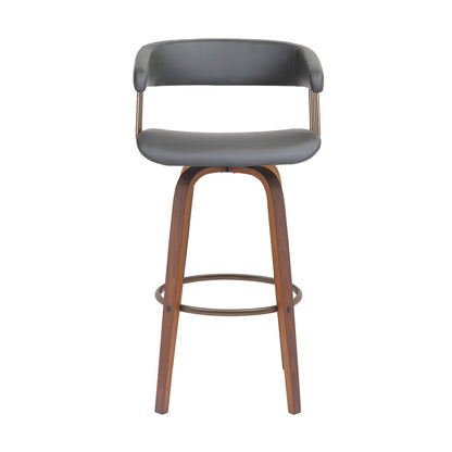 31" Gray And Brown Faux Leather And Fabric And Wood Bar Height Swivel Bar Chair HomeRoots