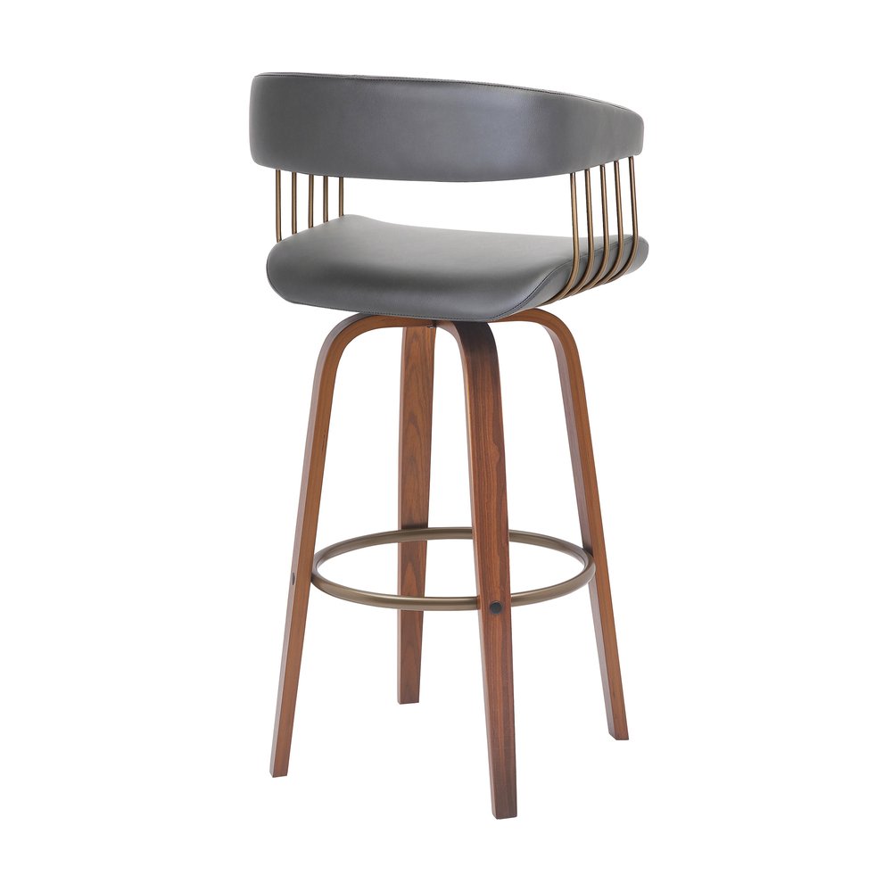 31" Gray And Brown Faux Leather And Fabric And Wood Bar Height Swivel Bar Chair HomeRoots