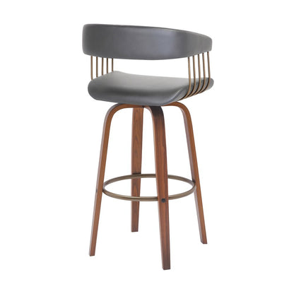 31" Gray And Brown Faux Leather And Fabric And Wood Bar Height Swivel Bar Chair HomeRoots