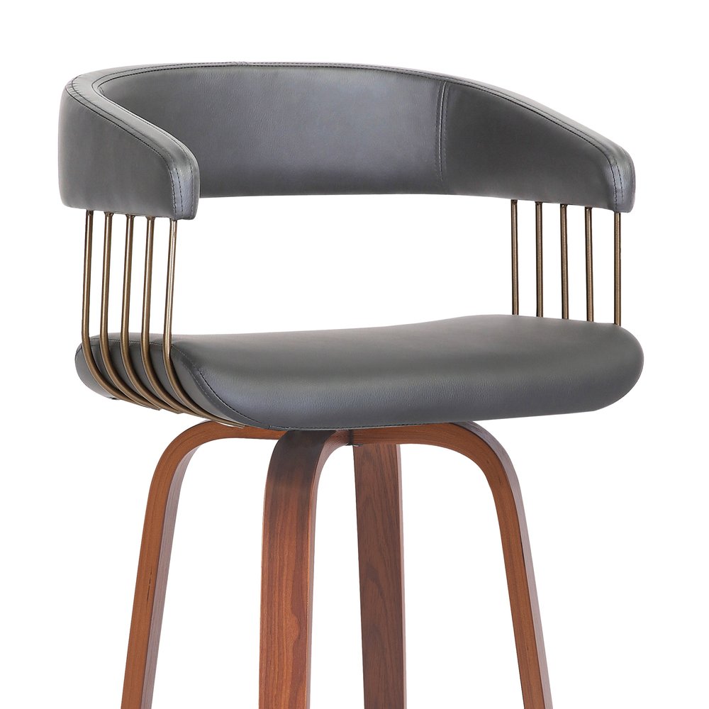 31" Gray And Brown Faux Leather And Fabric And Wood Bar Height Swivel Bar Chair HomeRoots