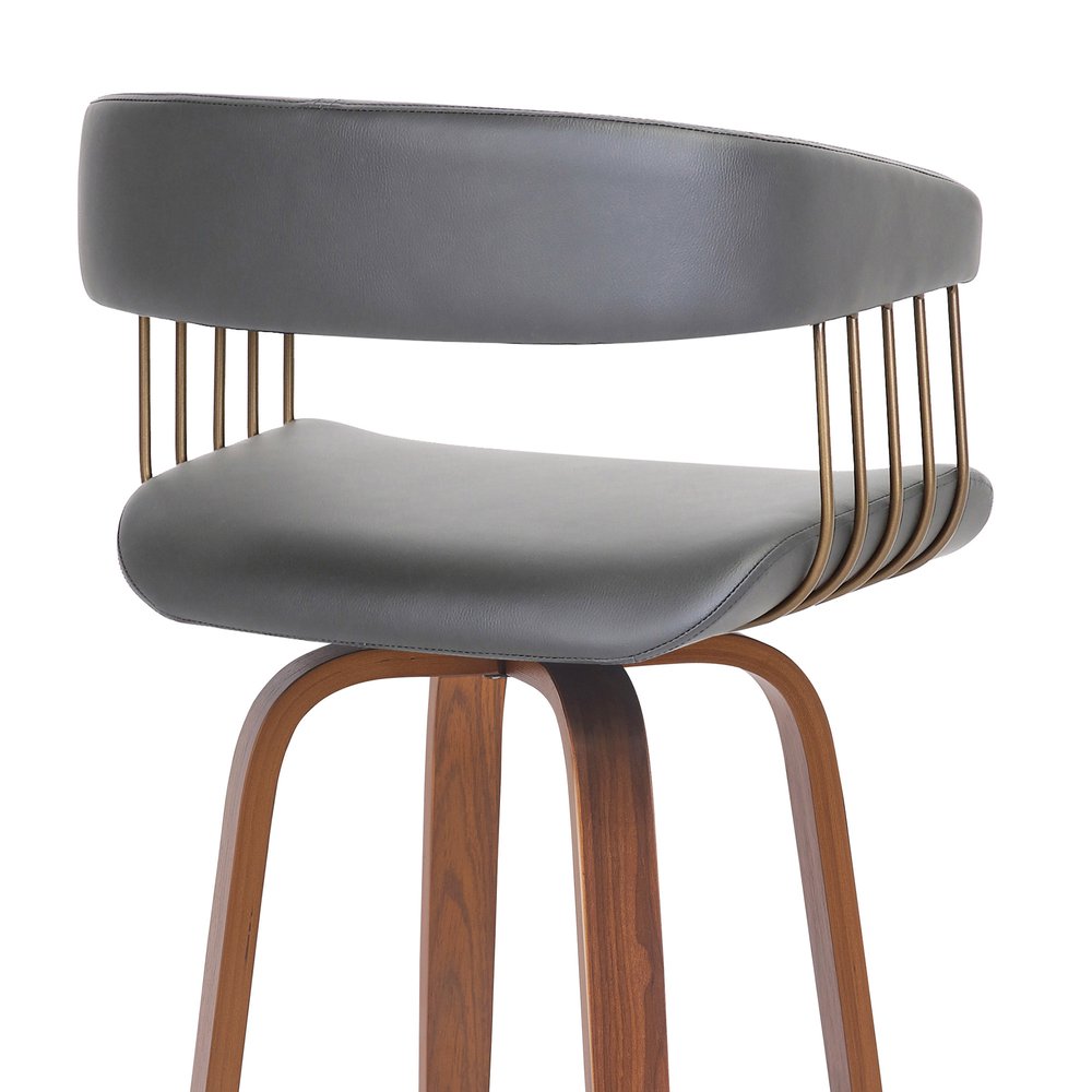 31" Gray And Brown Faux Leather And Fabric And Wood Bar Height Swivel Bar Chair HomeRoots