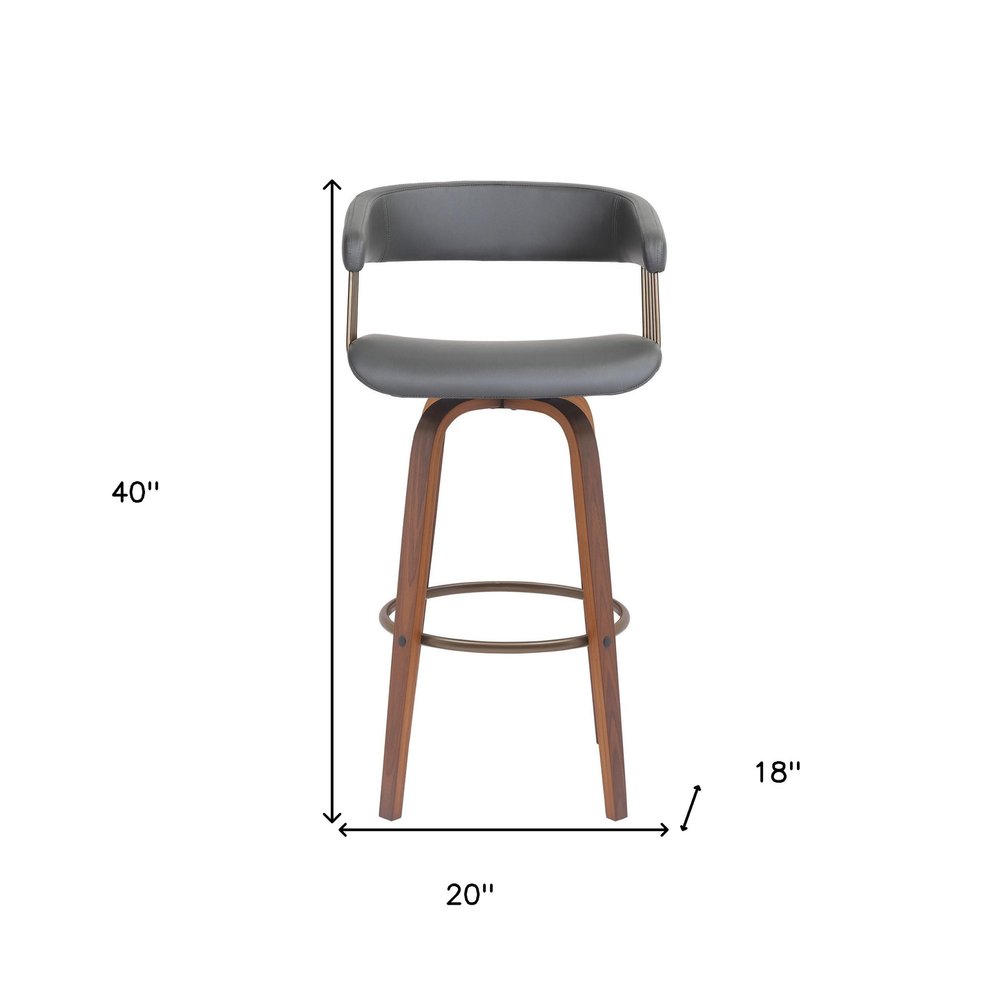 31" Gray And Brown Faux Leather And Fabric And Wood Bar Height Swivel Bar Chair HomeRoots