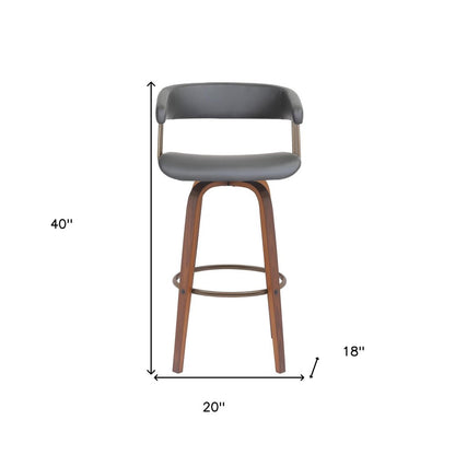 31" Gray And Brown Faux Leather And Fabric And Wood Bar Height Swivel Bar Chair HomeRoots