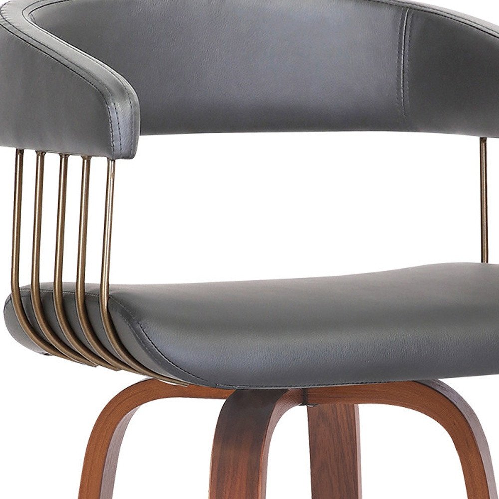 31" Gray And Brown Faux Leather And Fabric And Wood Bar Height Swivel Bar Chair HomeRoots