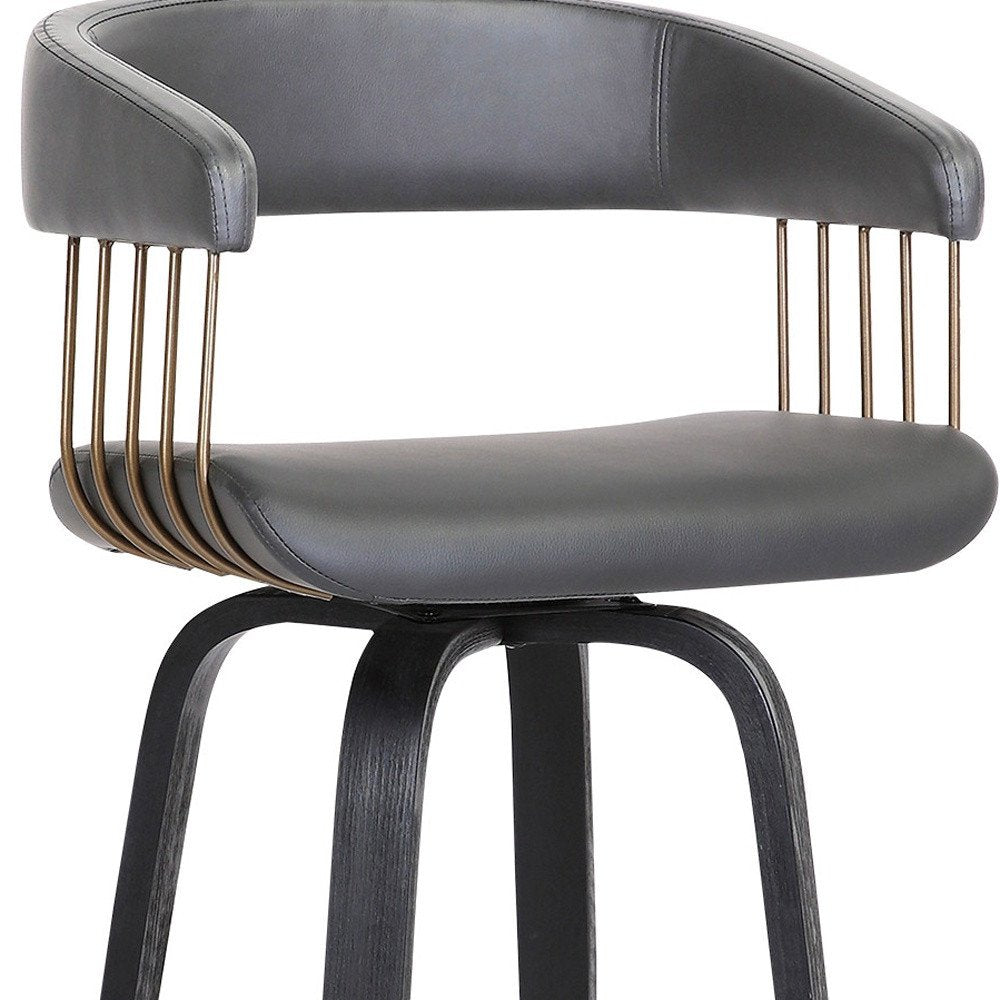 31" Gray And Black Faux Leather And Fabric And Wood Bar Height Swivel Bar Chair HomeRoots