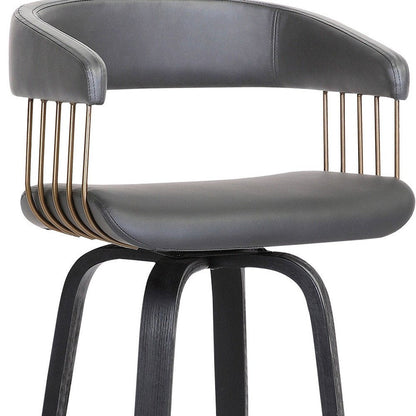 31" Gray And Black Faux Leather And Fabric And Wood Bar Height Swivel Bar Chair HomeRoots
