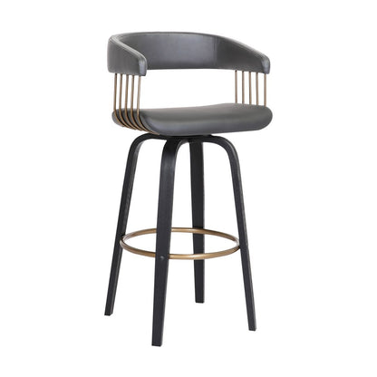 31" Gray And Black Faux Leather And Fabric And Wood Bar Height Swivel Bar Chair HomeRoots