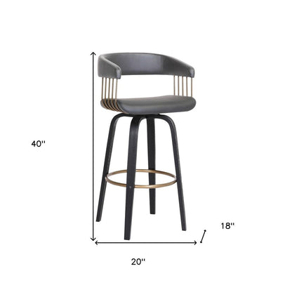 31" Gray And Black Faux Leather And Fabric And Wood Bar Height Swivel Bar Chair HomeRoots