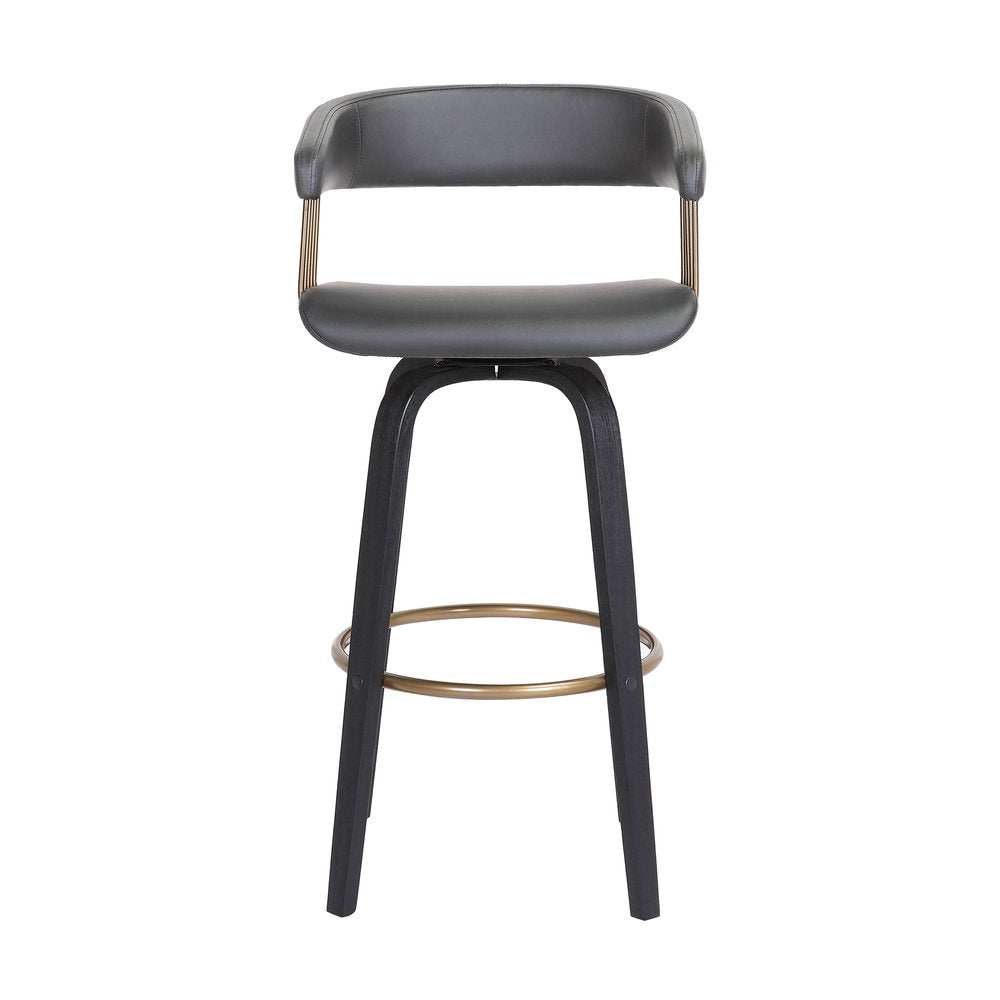 31" Gray And Black Faux Leather And Fabric And Wood Bar Height Swivel Bar Chair HomeRoots