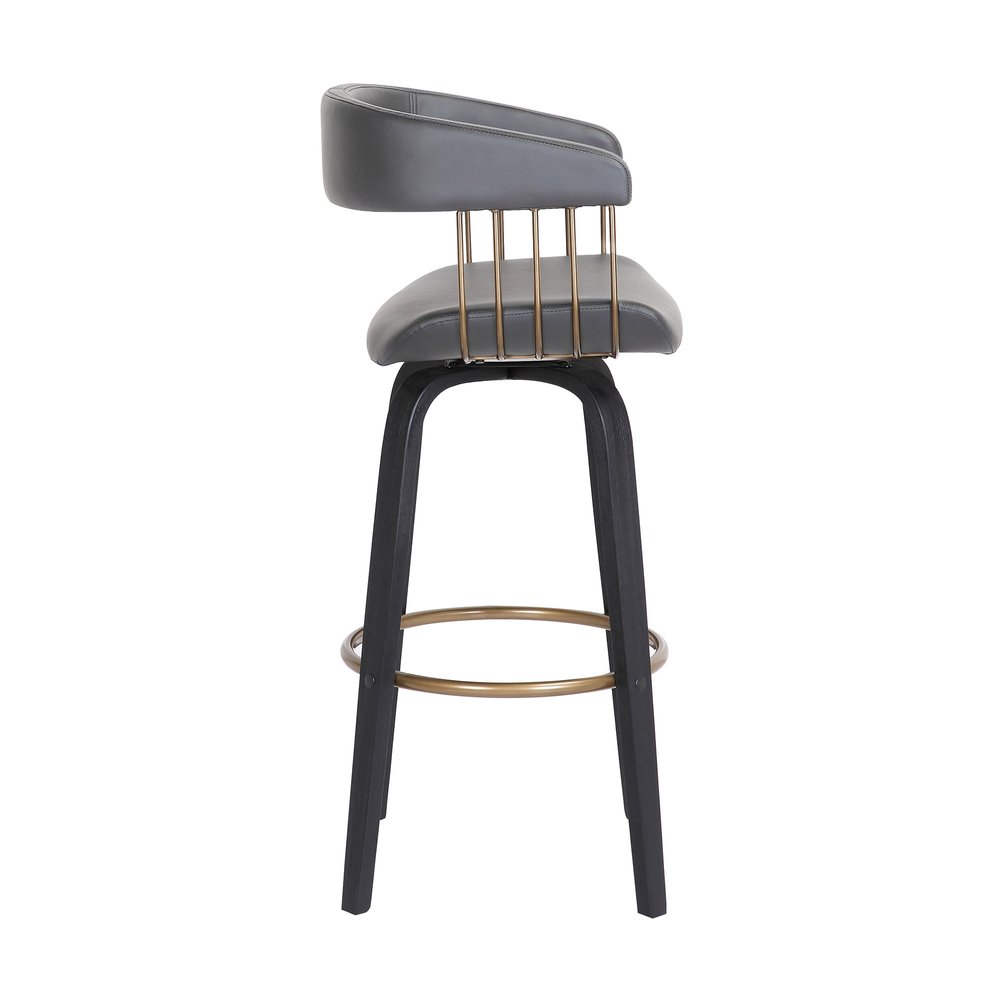 31" Gray And Black Faux Leather And Fabric And Wood Bar Height Swivel Bar Chair HomeRoots