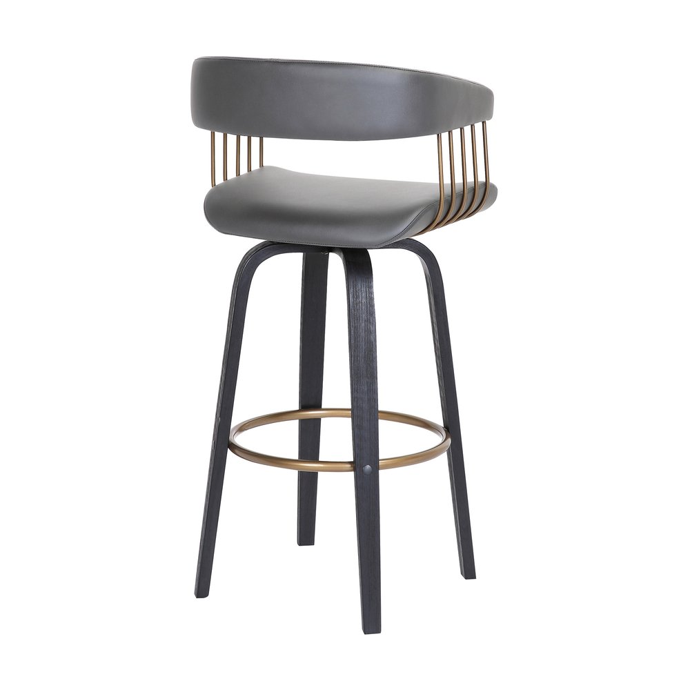 31" Gray And Black Faux Leather And Fabric And Wood Bar Height Swivel Bar Chair HomeRoots