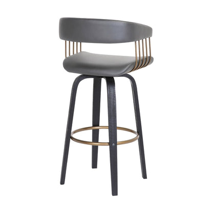 31" Gray And Black Faux Leather And Fabric And Wood Bar Height Swivel Bar Chair HomeRoots