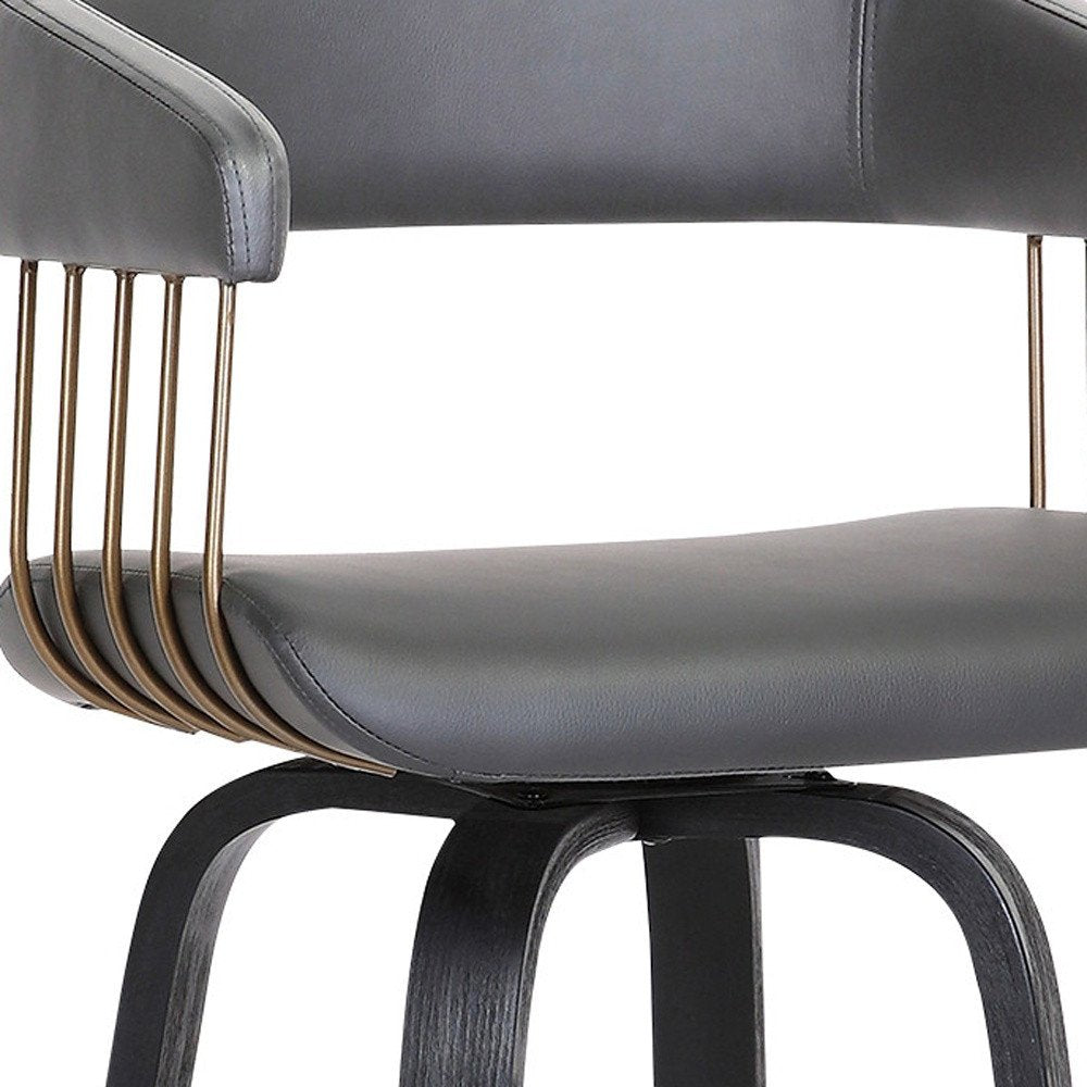 31" Gray And Black Faux Leather And Fabric And Wood Bar Height Swivel Bar Chair HomeRoots