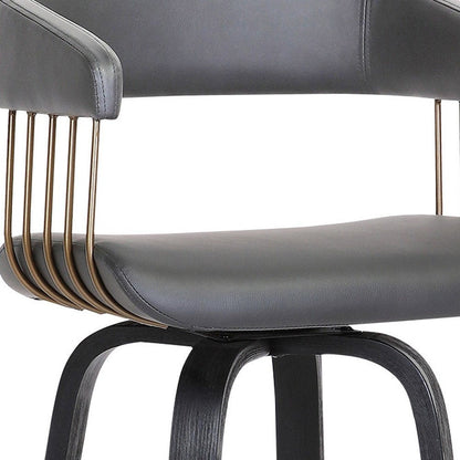 31" Gray And Black Faux Leather And Fabric And Wood Bar Height Swivel Bar Chair HomeRoots