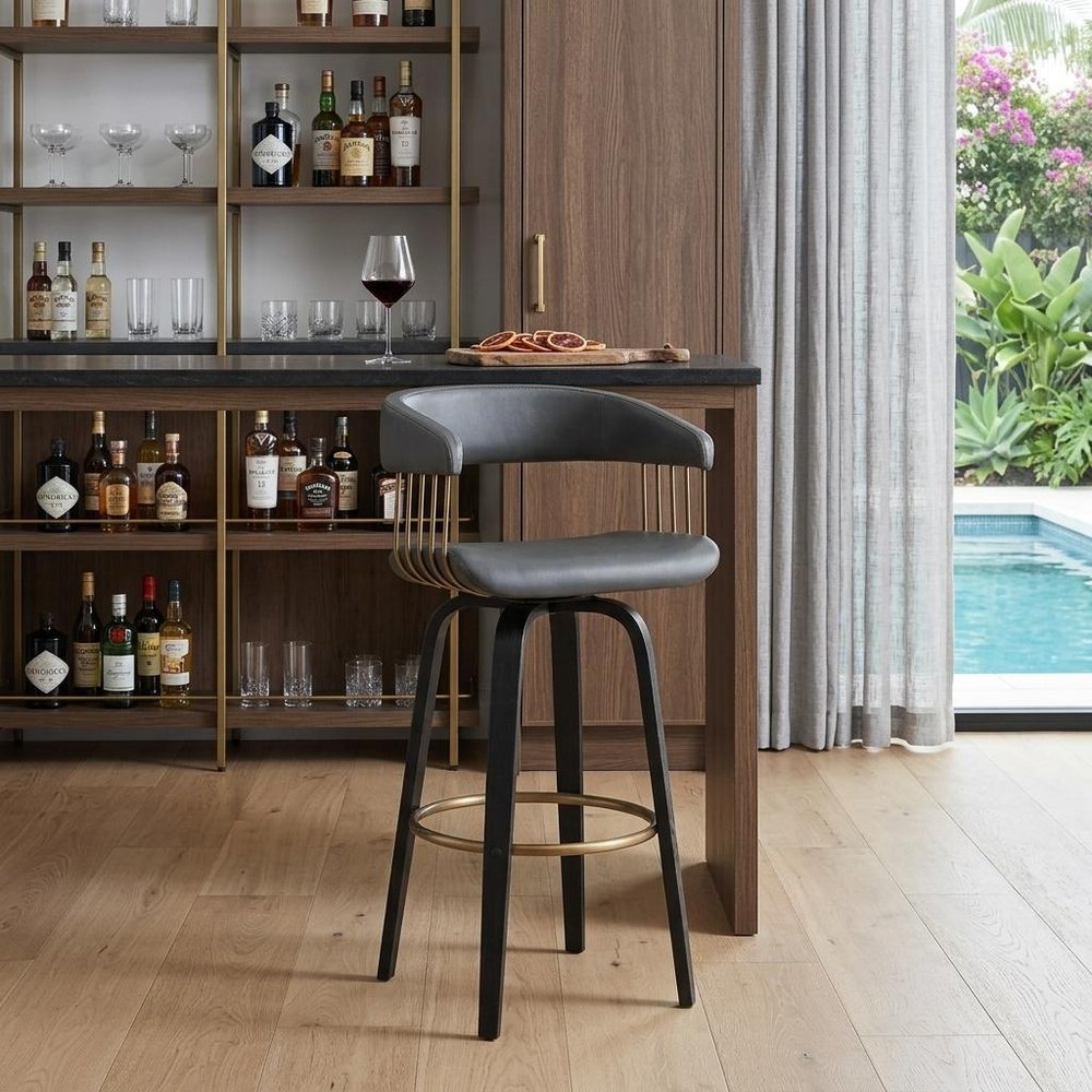 31" Gray And Black Faux Leather And Fabric And Wood Bar Height Swivel Bar Chair HomeRoots