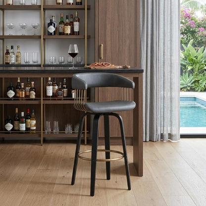 31" Gray And Black Faux Leather And Fabric And Wood Bar Height Swivel Bar Chair HomeRoots