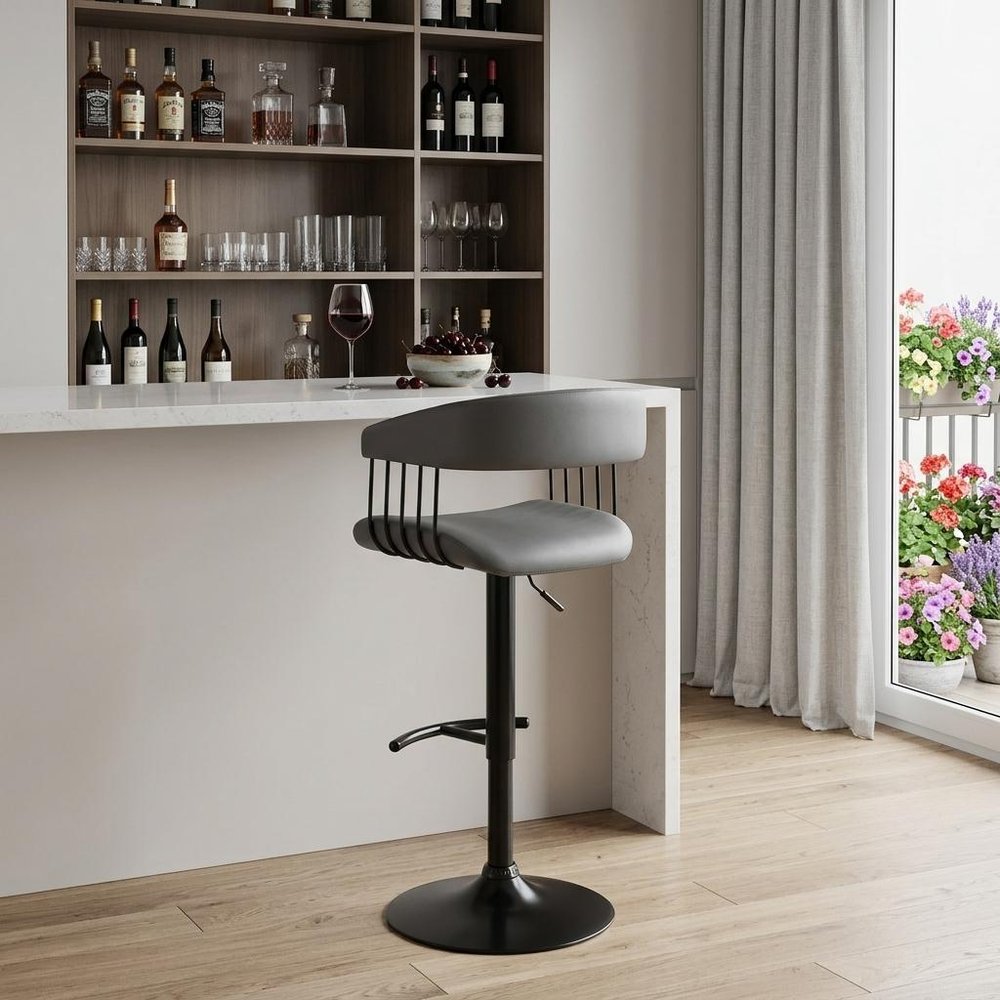 Gray And Black Faux Leather And Fabric And Metal Adjustable Height Swivel Bar Chair HomeRoots