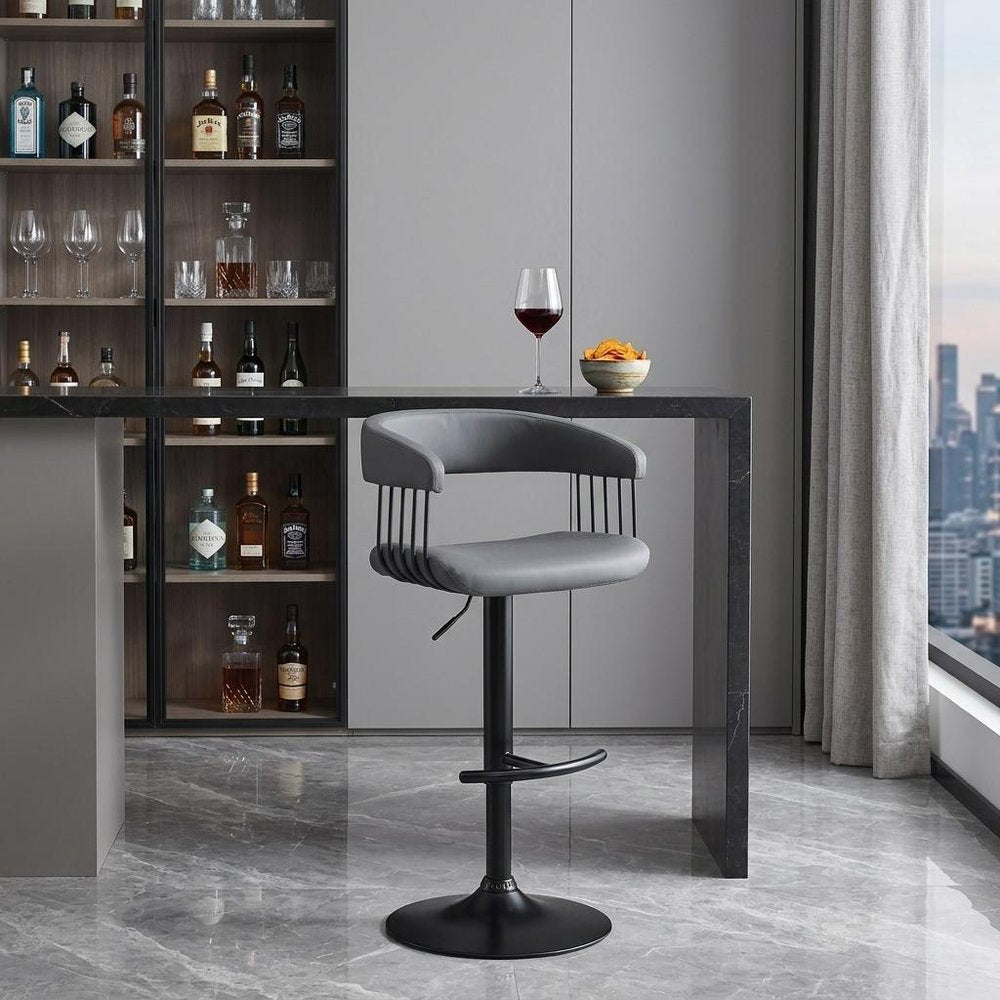 Gray And Black Faux Leather And Fabric And Metal Adjustable Height Swivel Bar Chair HomeRoots