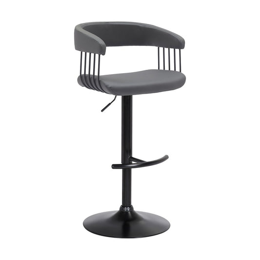 Gray And Black Faux Leather And Fabric And Metal Adjustable Height Swivel Bar Chair