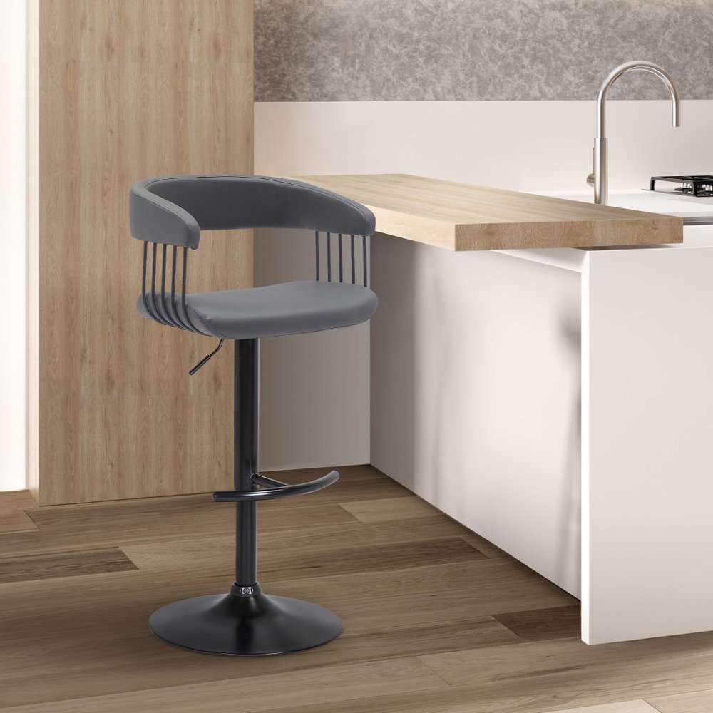 Gray And Black Faux Leather And Fabric And Metal Adjustable Height Swivel Bar Chair HomeRoots
