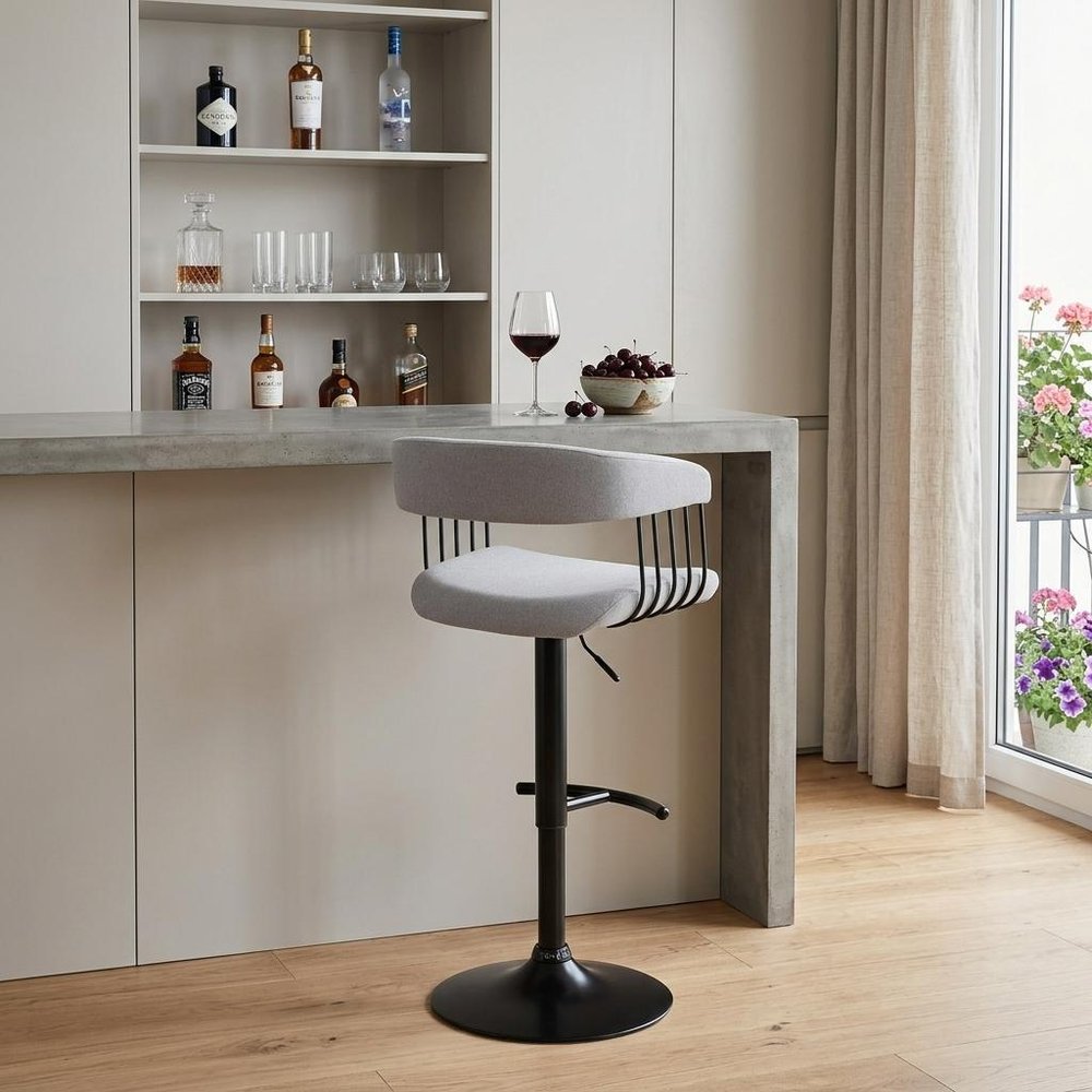 Light Gray And Black Fabric And Metal Adjustable Height Swivel Bar Chair HomeRoots