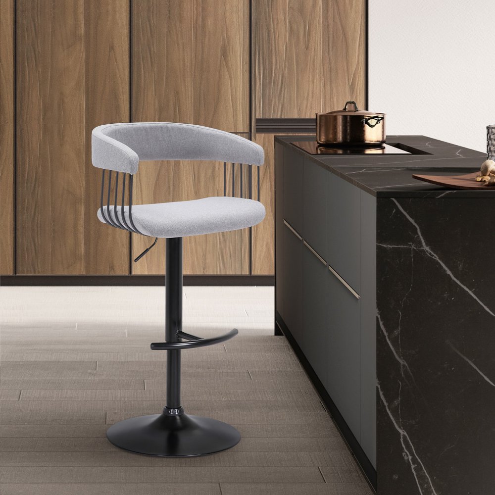 Light Gray And Black Fabric And Metal Adjustable Height Swivel Bar Chair HomeRoots