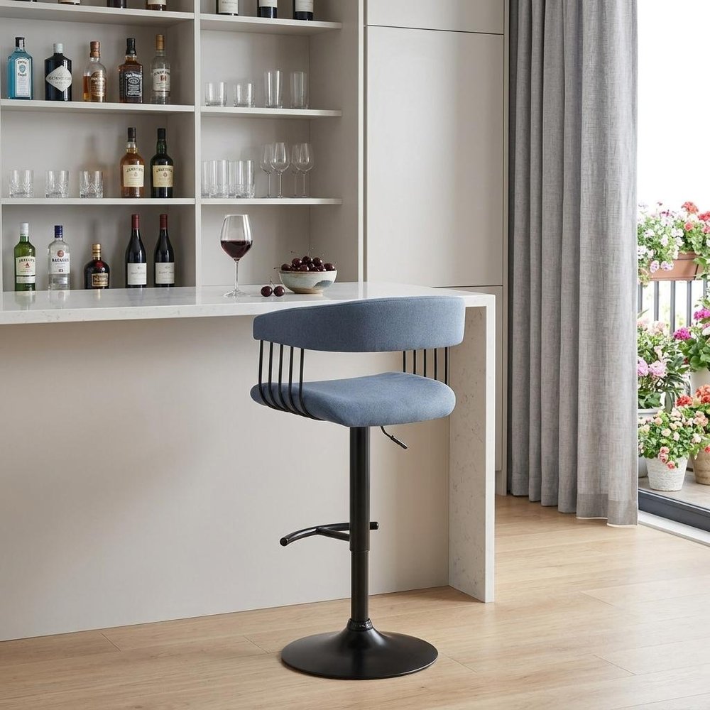 Blue And Black Fabric And Metal Adjustable Height Swivel Bar Chair HomeRoots
