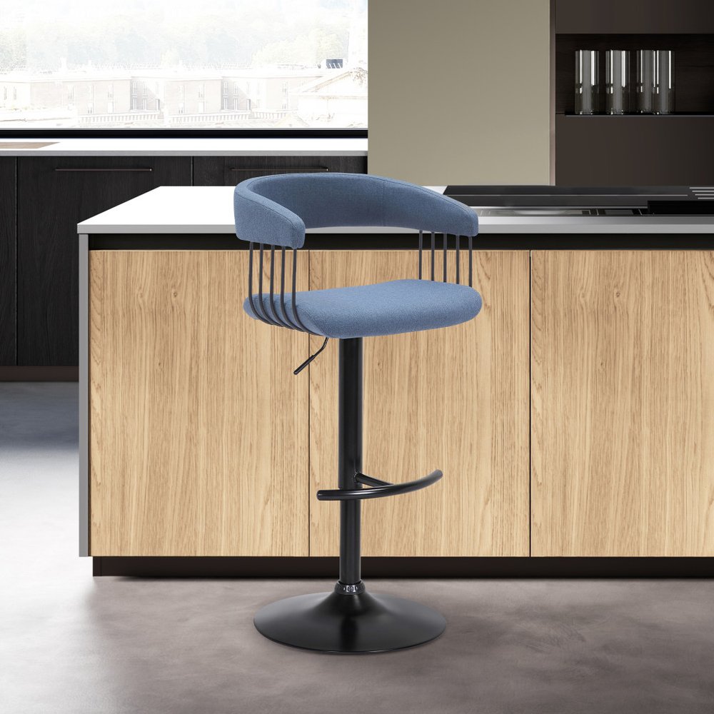 Blue And Black Fabric And Metal Adjustable Height Swivel Bar Chair HomeRoots