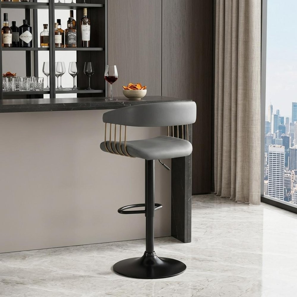Gray And Black Faux Leather And Fabric And Metal Adjustable Height Swivel Bar Chair HomeRoots