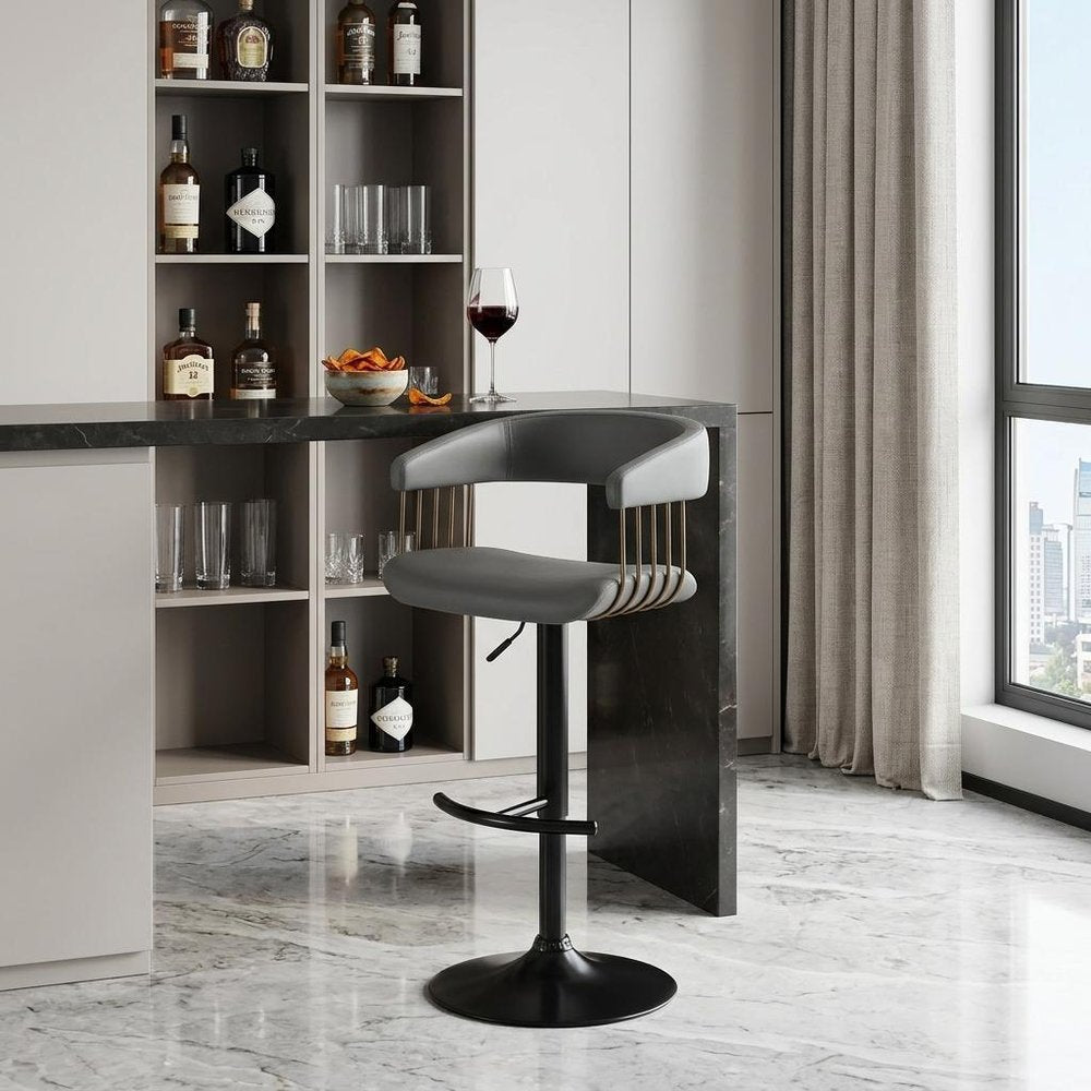 Gray And Black Faux Leather And Fabric And Metal Adjustable Height Swivel Bar Chair HomeRoots