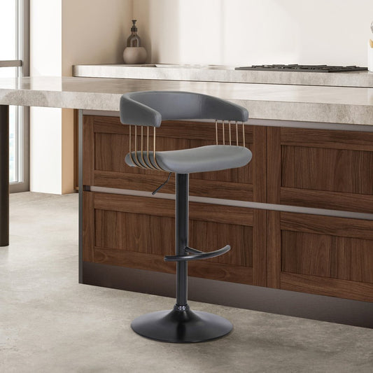 Gray And Black Faux Leather And Fabric And Metal Adjustable Height Swivel Bar Chair HomeRoots