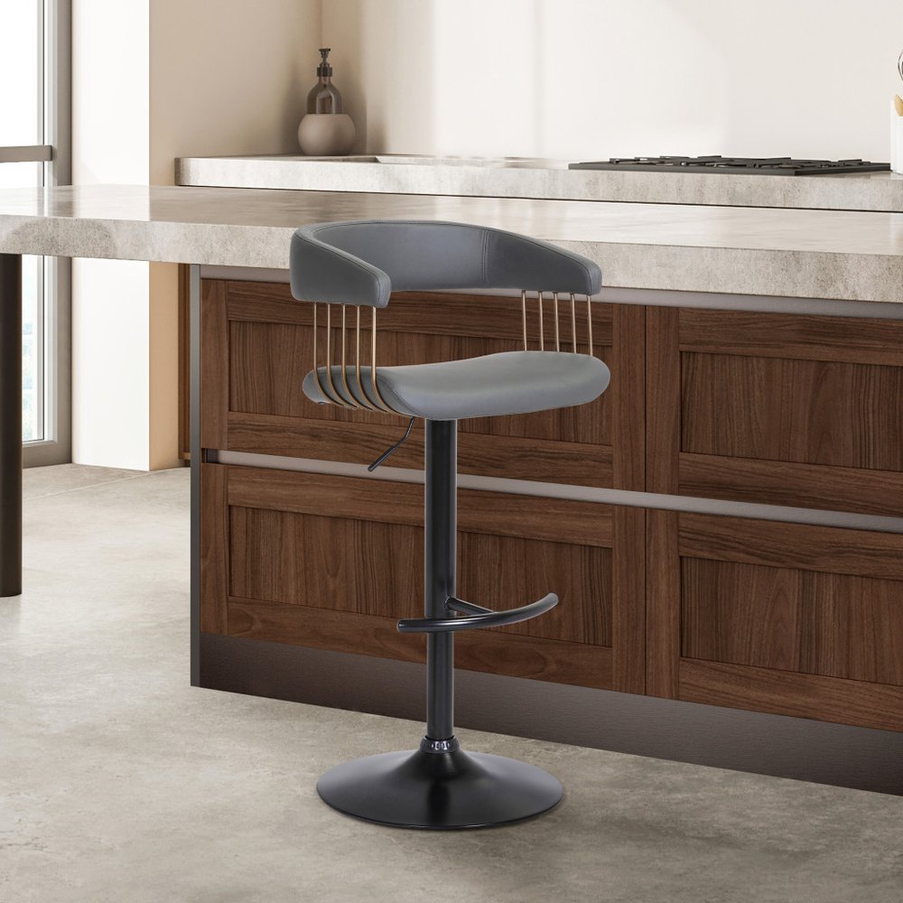 Gray And Black Faux Leather And Fabric And Metal Adjustable Height Swivel Bar Chair HomeRoots