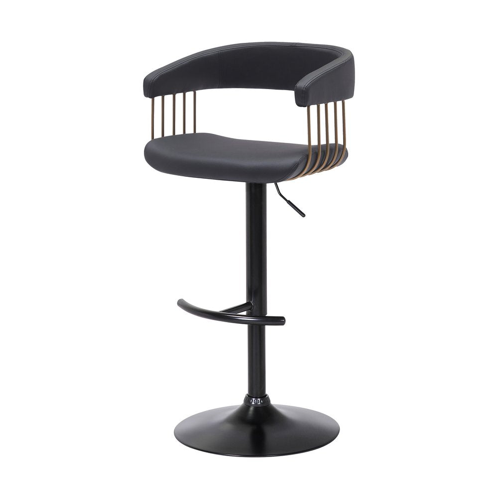 Black Faux Leather And Fabric And Metal Adjustable Height Swivel Bar Chair HomeRoots