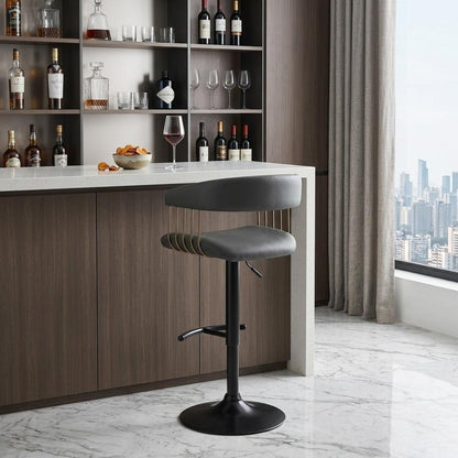 Black Faux Leather And Fabric And Metal Adjustable Height Swivel Bar Chair HomeRoots