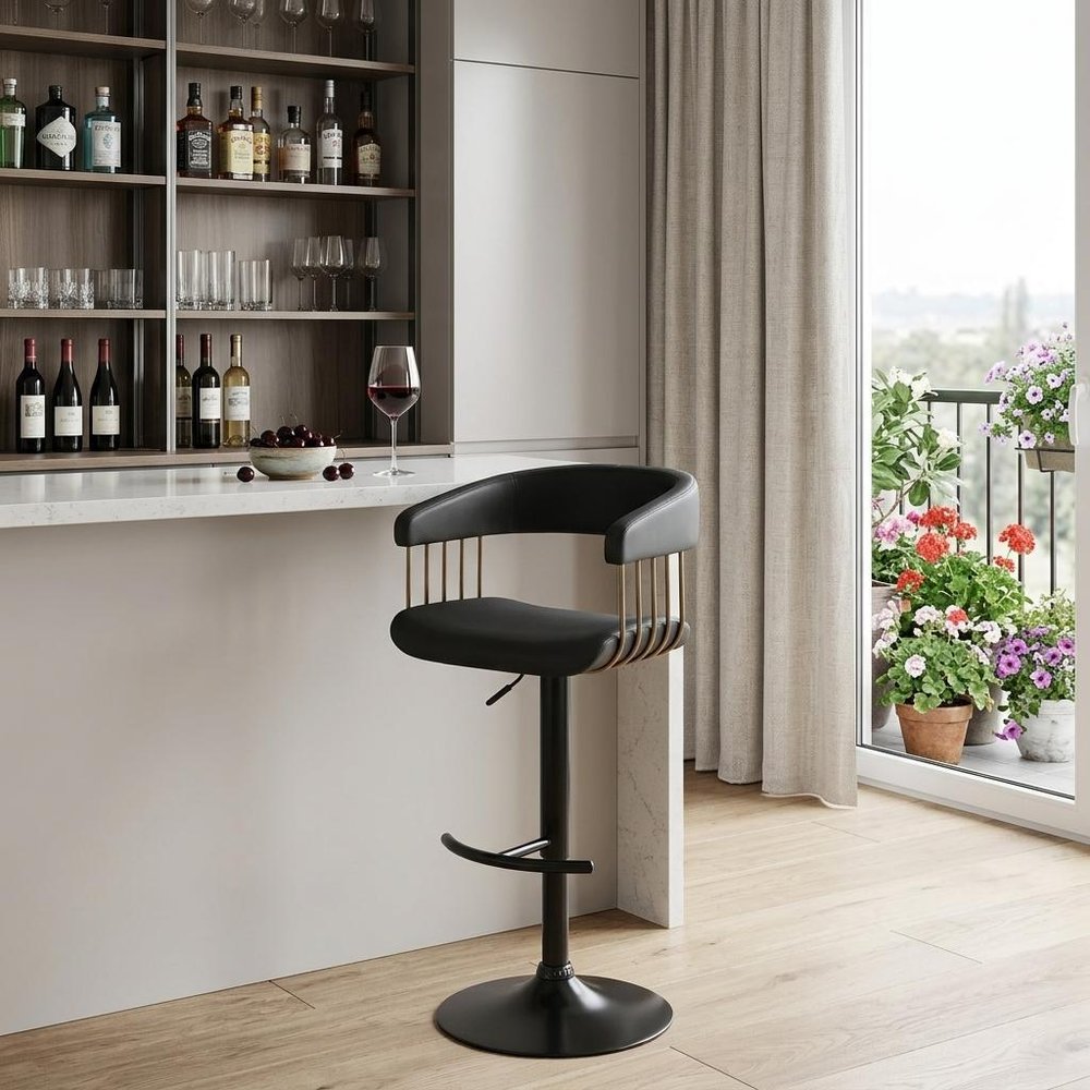 Black Faux Leather And Fabric And Metal Adjustable Height Swivel Bar Chair HomeRoots